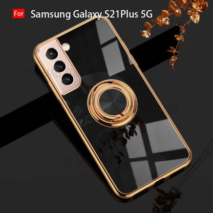 6D Electroplating Soft TPU Case with Metal Ring Kickstand for Samsung Galaxy S21 5G/4G / Samsung Galaxy S21+ 5G / Samsung Galaxy S21 Ultra 5G / Samsung Galaxy S21 FE