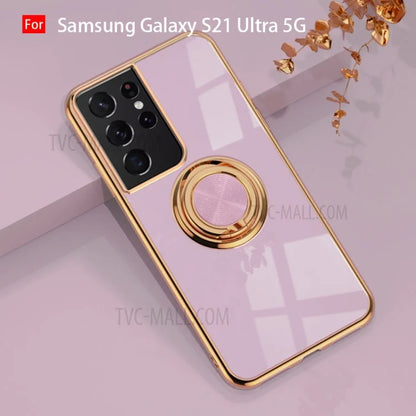 6D Electroplating Soft TPU Case with Metal Ring Kickstand for Samsung Galaxy S21 5G/4G / Samsung Galaxy S21+ 5G / Samsung Galaxy S21 Ultra 5G / Samsung Galaxy S21 FE