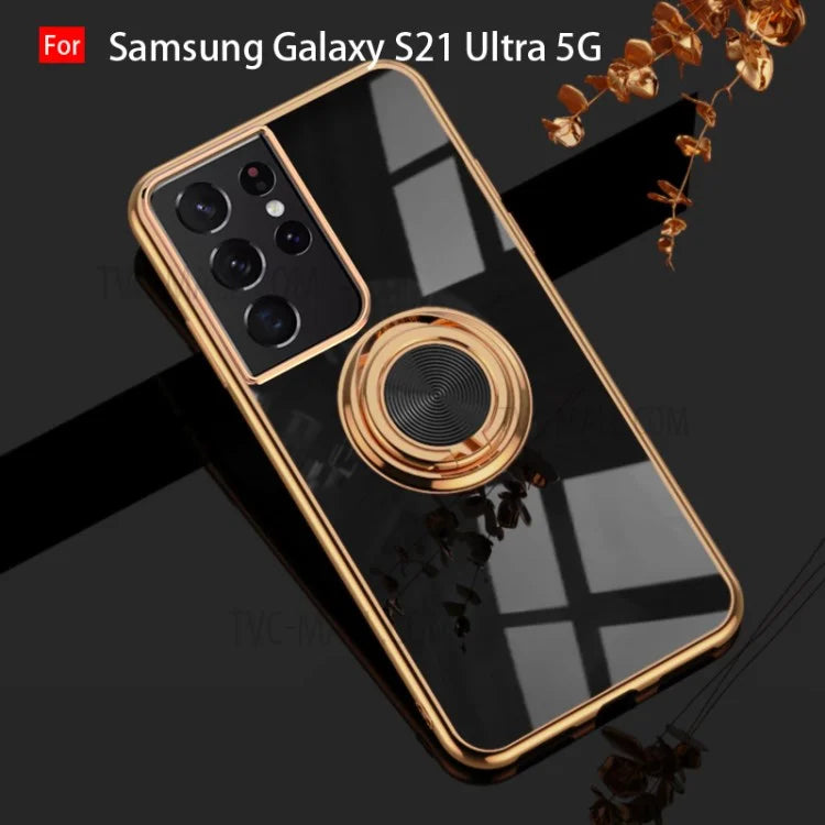 6D Electroplating Soft TPU Case with Metal Ring Kickstand for Samsung Galaxy S21 5G/4G / Samsung Galaxy S21+ 5G / Samsung Galaxy S21 Ultra 5G / Samsung Galaxy S21 FE