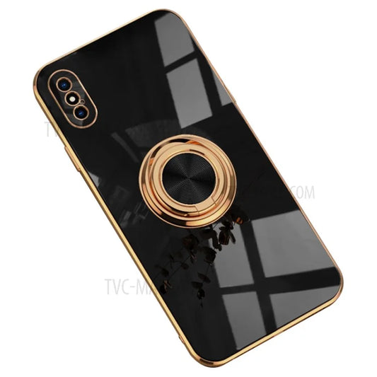 6D Electroplating Soft TPU Shockproof Protective Case with Metal Finger Ring Holder Kickstand for iPhone X / iPhone XS 5.8 inch