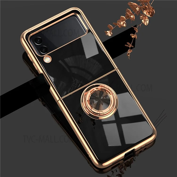 All-inclusive Anti-fall Protection Ring Kickstand Design 6D Electroplating Edge Soft TPU Phone Case for Samsung Galaxy Z Flip3 5G