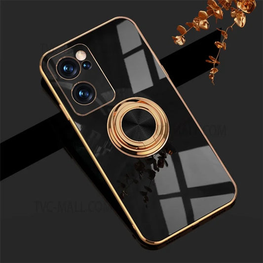 6D Electroplate Bumper Design Soft Flexible TPU Phone Case with Metal Ring Kickstand for Oppo Reno7 Pro 5G