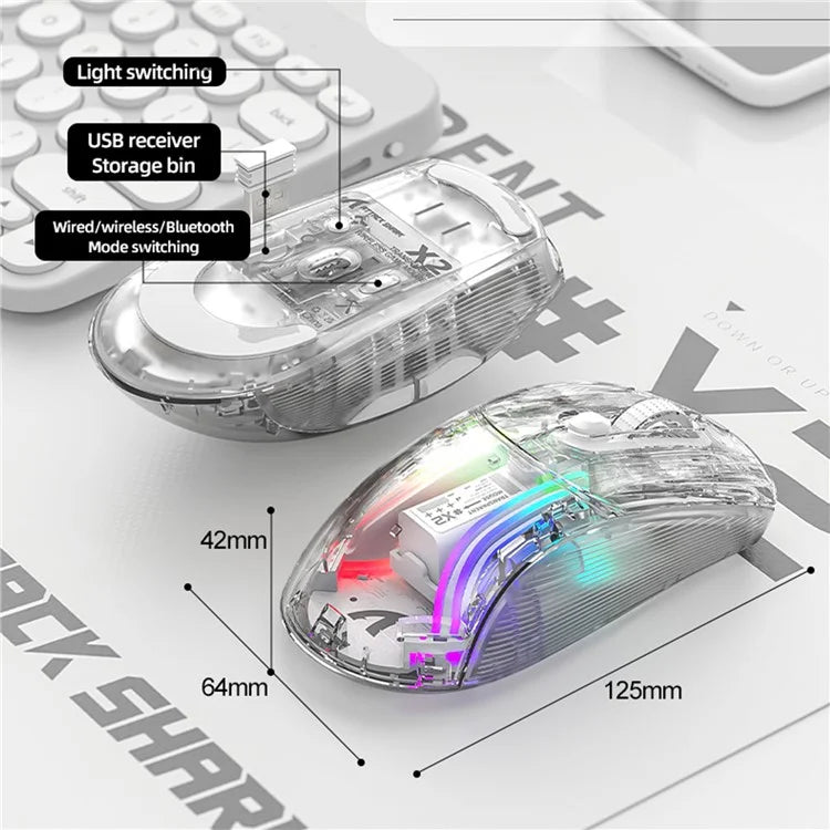 ATTACK SHARK X2 Transparent Bluetooth Mouse RGB Light Three Modes 5DPI Wireless Mouse