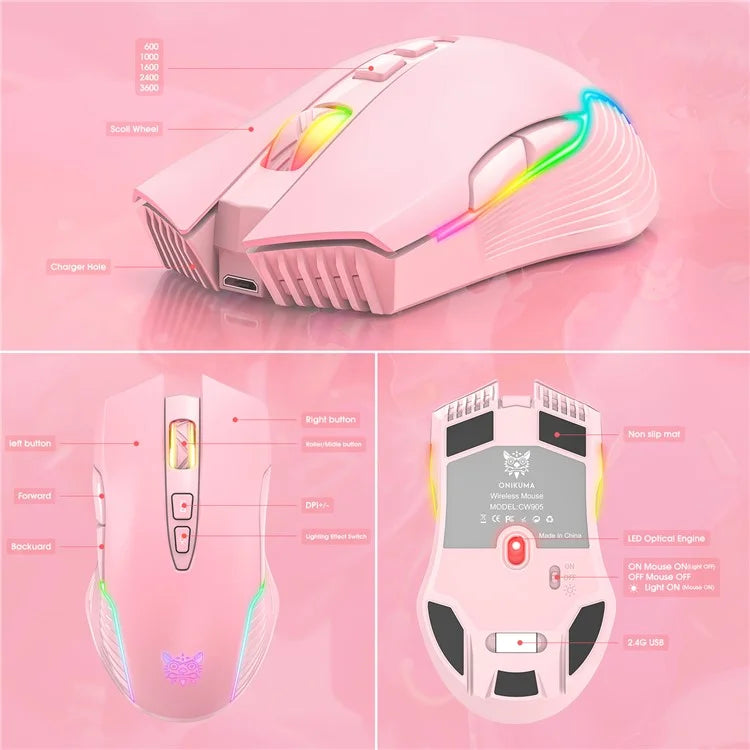 ONIKUMA CW905 Rechargeable 2.4G Wireless Gaming Mouse RGB Light Computer Mice