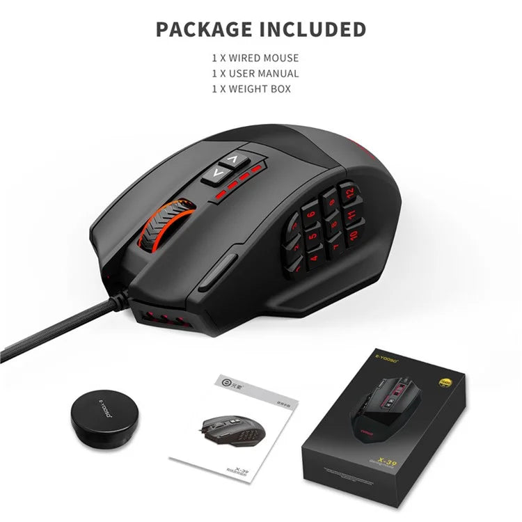 E-YOOSO X39 USB Wired Computer Mouse Ergonomic Gaming Mouse with 12 Side Buttons
