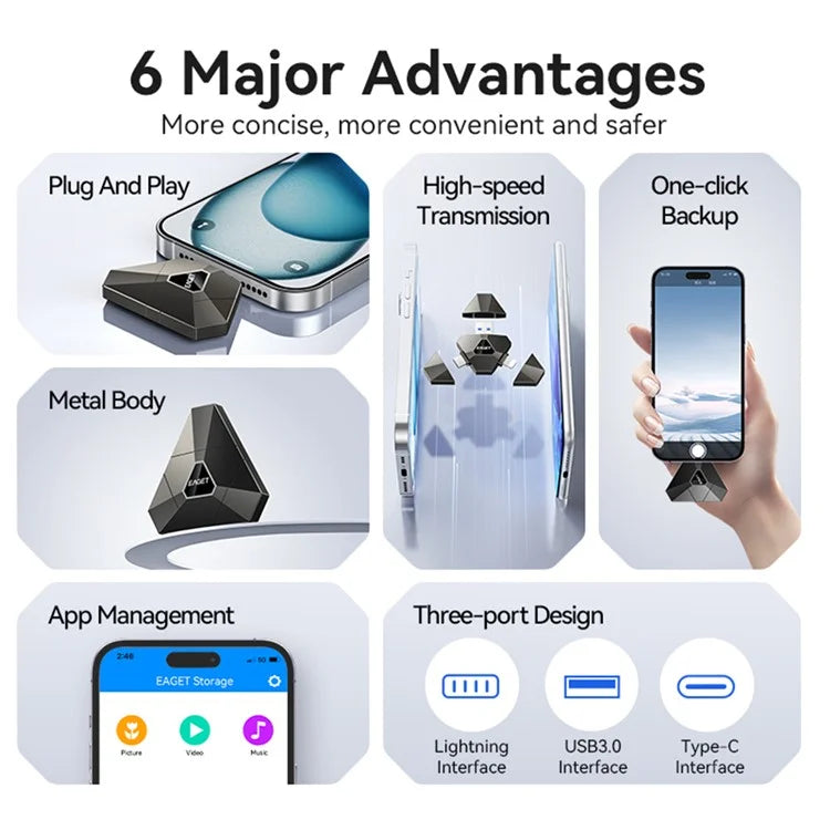 EAGET I90 USB / 8-Pin / Type-C 3-in-1 256GB U-Disk Computer Tablet Phone Flash Drive