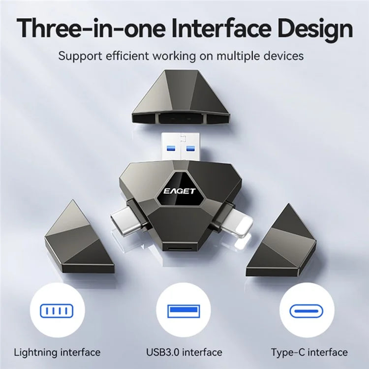 EAGET I90 USB / 8-Pin / Type-C 3-in-1 256GB U-Disk Computer Tablet Phone Flash Drive