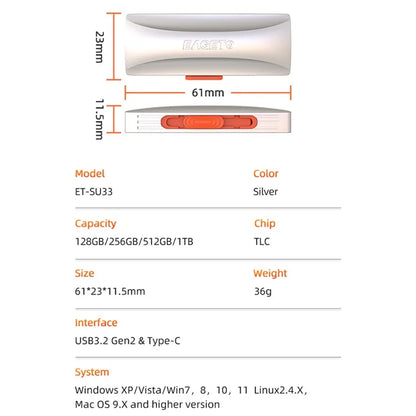 EAGET SU33 1TB 2-in-1 USB3.2 Gen2 / Type-C U-Disk 550Mb / s Read Speed Zinc Alloy Flash Disk