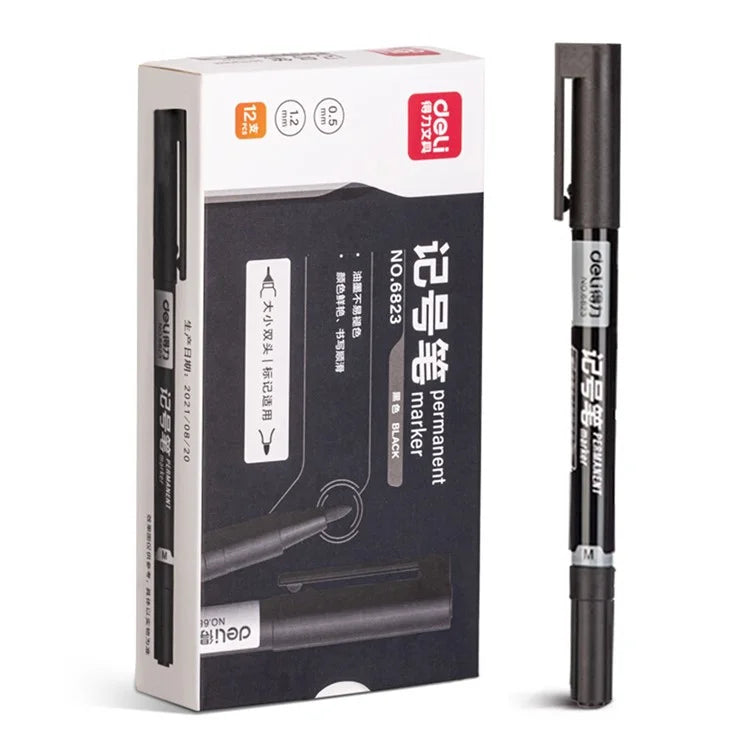 DELI 6823 12-Pack Dual-Tip Marker Pens 0.5mm / 1.2mm Fine / Broad Tips Drawing Pens