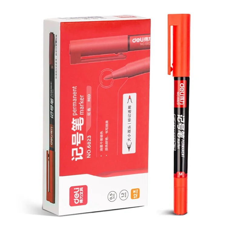 DELI 6823 12-Pack Dual-Tip Marker Pens 0.5mm / 1.2mm Fine / Broad Tips Drawing Pens