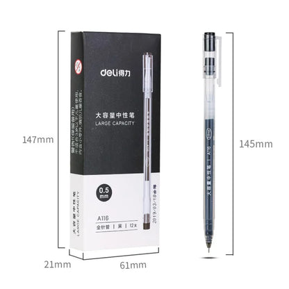 DELI A116 12Pcs Writing Neutral Pen Large Capacity Needle Pen 0.5mm Carbon Water Pen