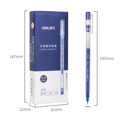 DELI A116 12Pcs Writing Neutral Pen Large Capacity Needle Pen 0.5mm Carbon Water Pen