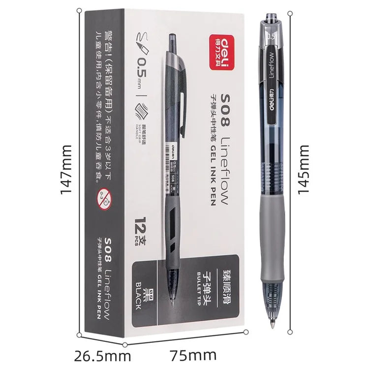 DELI S08 12Pcs Gel Pens Smooth Writing 0.5mm Bullet Tip Student Pen