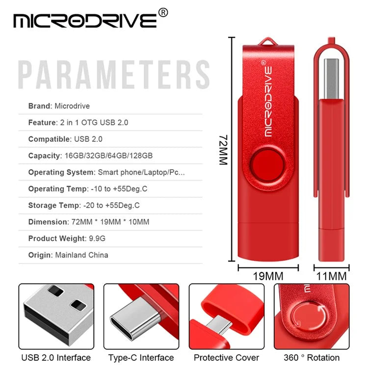 MICRODRIVE 4GB Metal Flash Drive 2-in-1 USB 2.0 / Type-C Rotating OTG USB Memory Stick