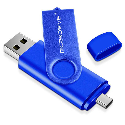 MICRODRIVE 64GB Rotating Metal Flash Drive OTG USB 2.0 / Type-C 2-in-1 USB Memory Stick
