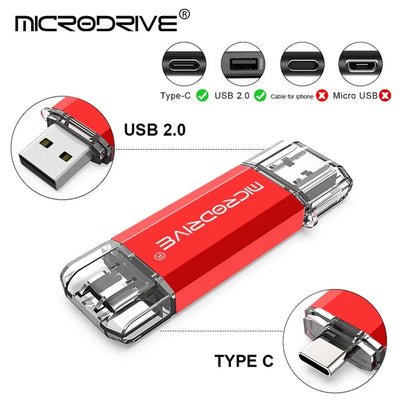 MICRODRIVE 128GB 2-in-1 USB 2.0 / Type-C U-Disk High Speed Flash Disk for Phone Computer