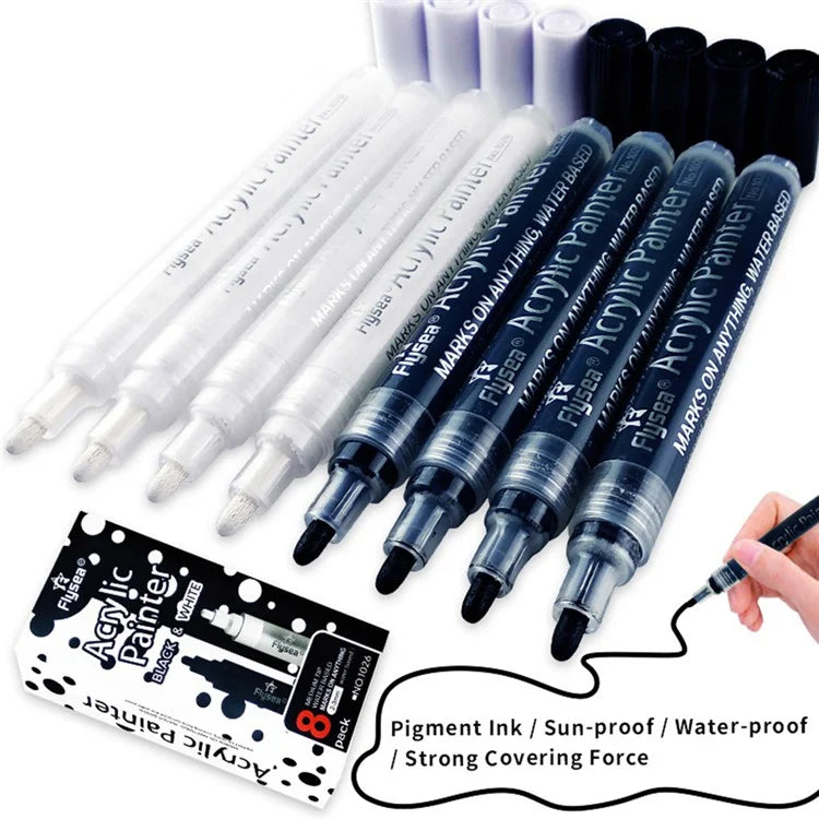 FLYSEA 1026 8Pcs / Box Acrylic Paint Pens Black and White Pens Set DIY Painting (4Pcs Black + 4Pcs White)