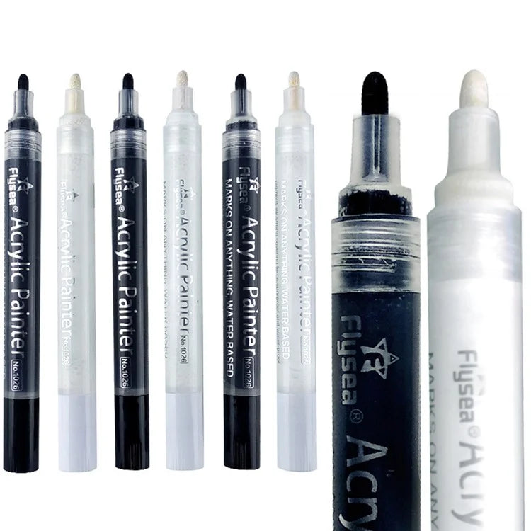 FLYSEA 1026 8Pcs / Box Acrylic Paint Pens Black and White Pens Set DIY Painting (4Pcs Black + 4Pcs White)