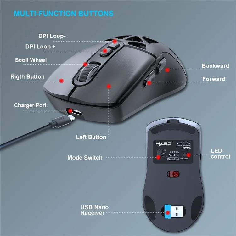 HXSJ T26  Wireless Mouse Bluetooth5.1 + 2.4Ghz Dual Modes 4800 DPI RGB Backlit Mouse