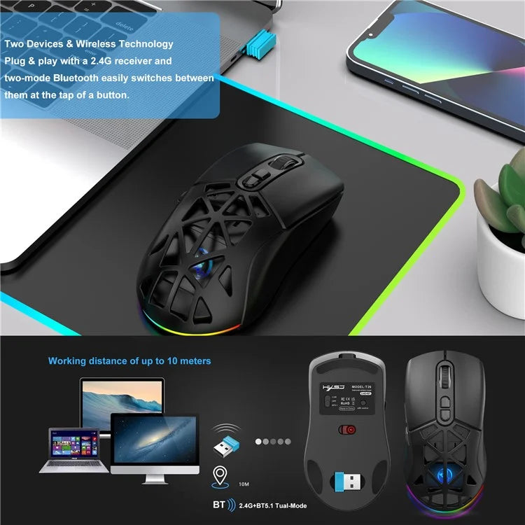 HXSJ T26  Wireless Mouse Bluetooth5.1 + 2.4Ghz Dual Modes 4800 DPI RGB Backlit Mouse