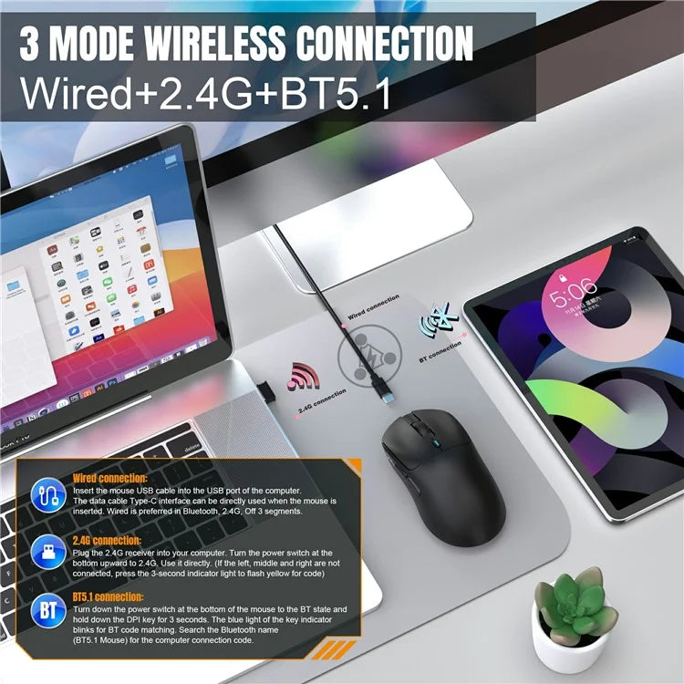 HXSJ T68 3-Mode Lightweight Gaming Mouse PAW-3311 6-Key Programmable TTC 12000DPI Wireless Mouse