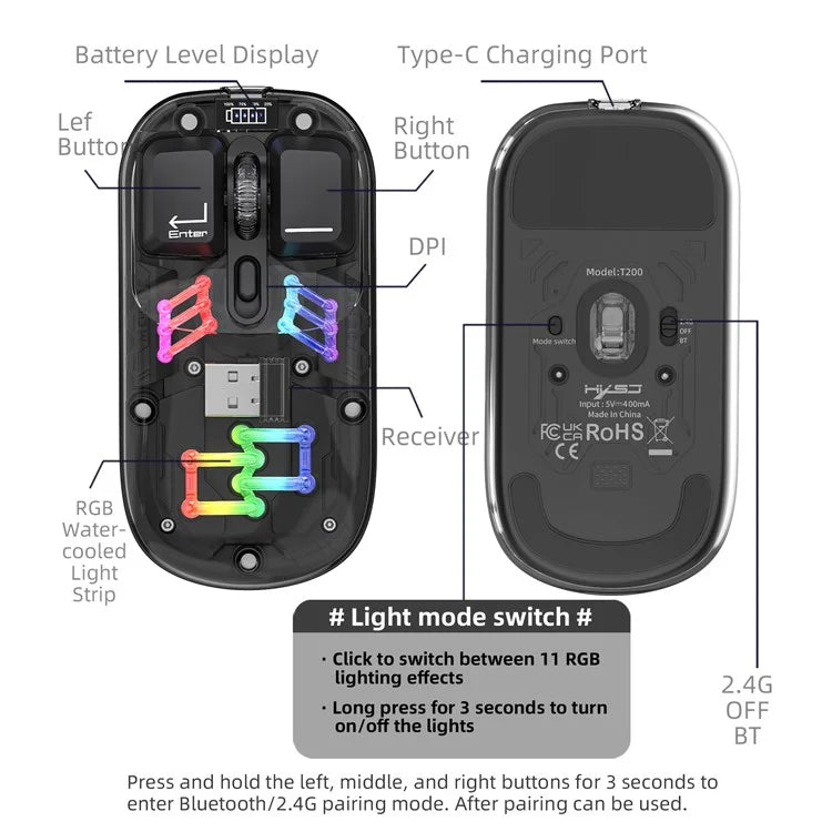HXSJ T200 Wireless Bluetooth Mouse LED Rechargeable 2 Modes (Bluetooth + 2.4Ghz) Clear Ergonomic Mice