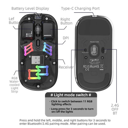 HXSJ T200 Wireless Bluetooth Mouse LED Rechargeable 2 Modes (Bluetooth + 2.4Ghz) Clear Ergonomic Mice