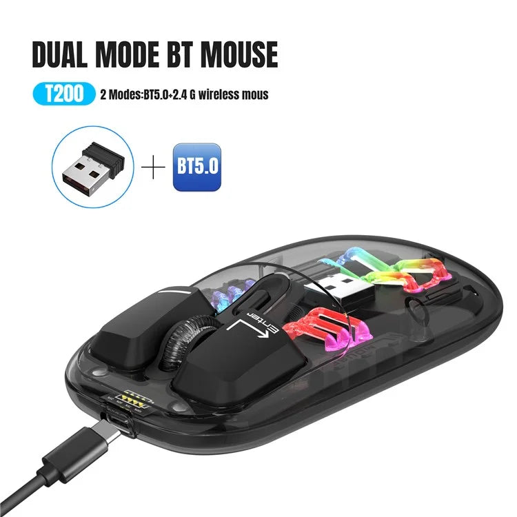 HXSJ T200 Wireless Bluetooth Mouse LED Rechargeable 2 Modes (Bluetooth + 2.4Ghz) Clear Ergonomic Mice