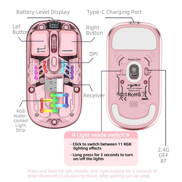 HXSJ T200 Wireless Bluetooth Mouse LED Rechargeable 2 Modes (Bluetooth + 2.4Ghz) Clear Ergonomic Mice