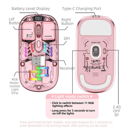 HXSJ T200 Wireless Bluetooth Mouse LED Rechargeable 2 Modes (Bluetooth + 2.4Ghz) Clear Ergonomic Mice