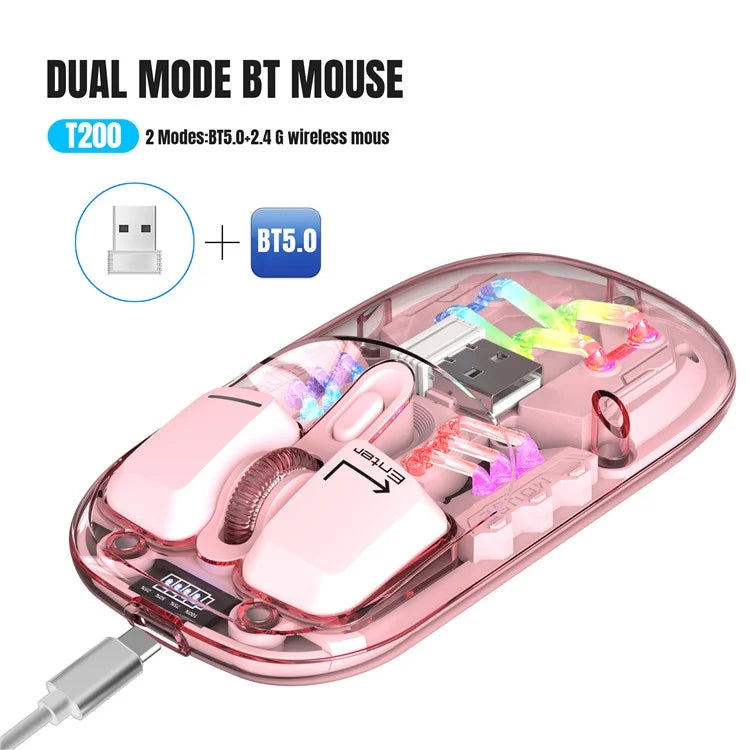 HXSJ T200 Wireless Bluetooth Mouse LED Rechargeable 2 Modes (Bluetooth + 2.4Ghz) Clear Ergonomic Mice