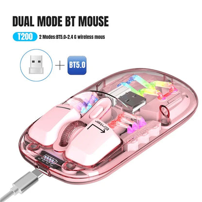 HXSJ T200 Wireless Bluetooth Mouse LED Rechargeable 2 Modes (Bluetooth + 2.4Ghz) Clear Ergonomic Mice