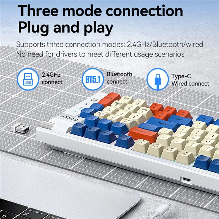 T-WOLF T70 Bluetooth / Wired / 2.4G Wireless Keyboard RGB Backlit 97-Key Mechanical Keyboard