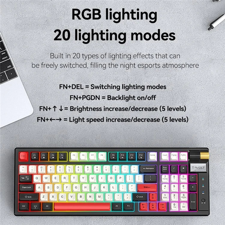T-WOLF T70 Bluetooth / Wired / 2.4G Wireless Keyboard RGB Backlit 97-Key Mechanical Keyboard