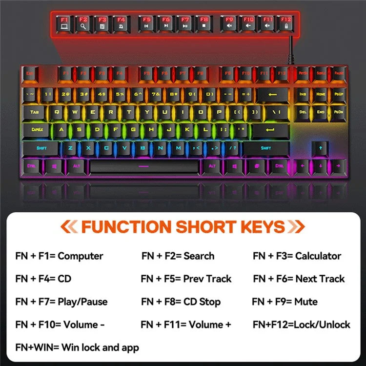 T-WOLF T18 USB Wired Keyboard 87-Key Color Backlit Computer Gaming Mechanical Keyboard