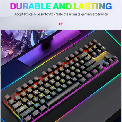 T-WOLF T18 USB Wired Keyboard 87-Key Color Backlit Computer Gaming Mechanical Keyboard
