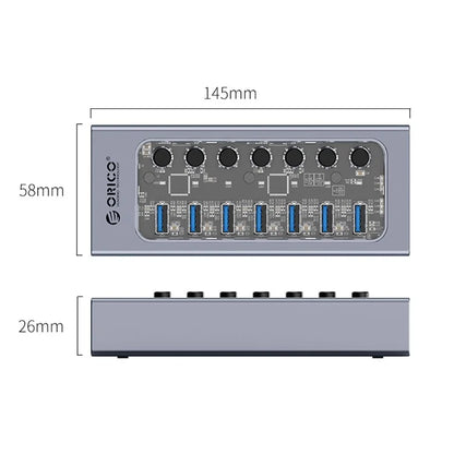 ORICO AT2U3-7AB 7 Ports USB3.0 5Gbps Data Transmission 5V/2.4A Phone Charging Dock Aluminum Alloy + PC USB Hub Splitter with Individual SwitchesEU Plug