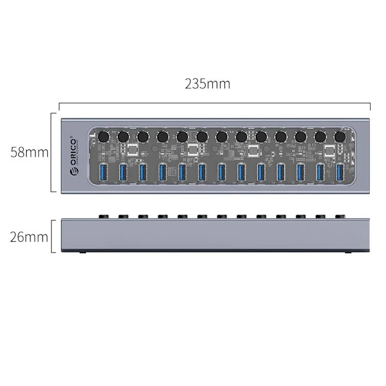 ORICO AT2U3-13AB Transparent Design 13 Ports 5Gbps USB3.0 Hub Phone Charging Dock Aluminum Alloy + PC Hub Splitter with Individual SwitchesUK Plug
