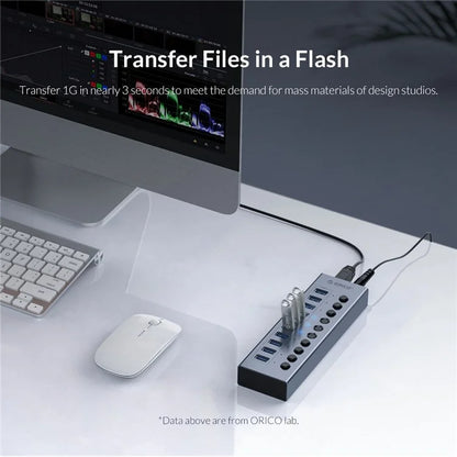 ORICO BT2U3-10AB Aluminum Alloy 10 Port USB3.0 5Gbps Data Transmission USB Hub Charging Splitter with Individual SwitchesAU Plug