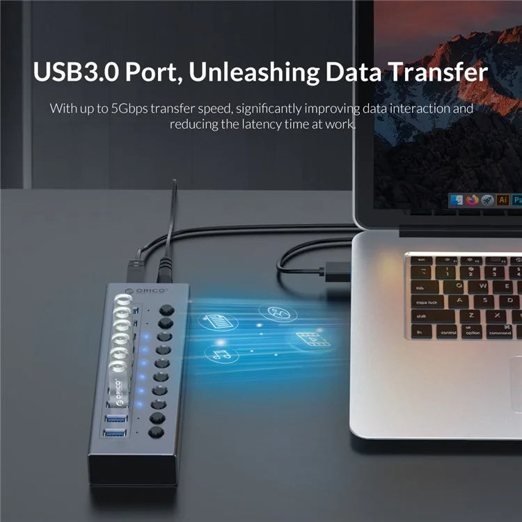 ORICO BT2U3-13AB 13 Port USB3.0 5Gbps Data Transmission USB Hub Aluminum Alloy Phone Charging Splitter with Individual SwitchesEU Plug