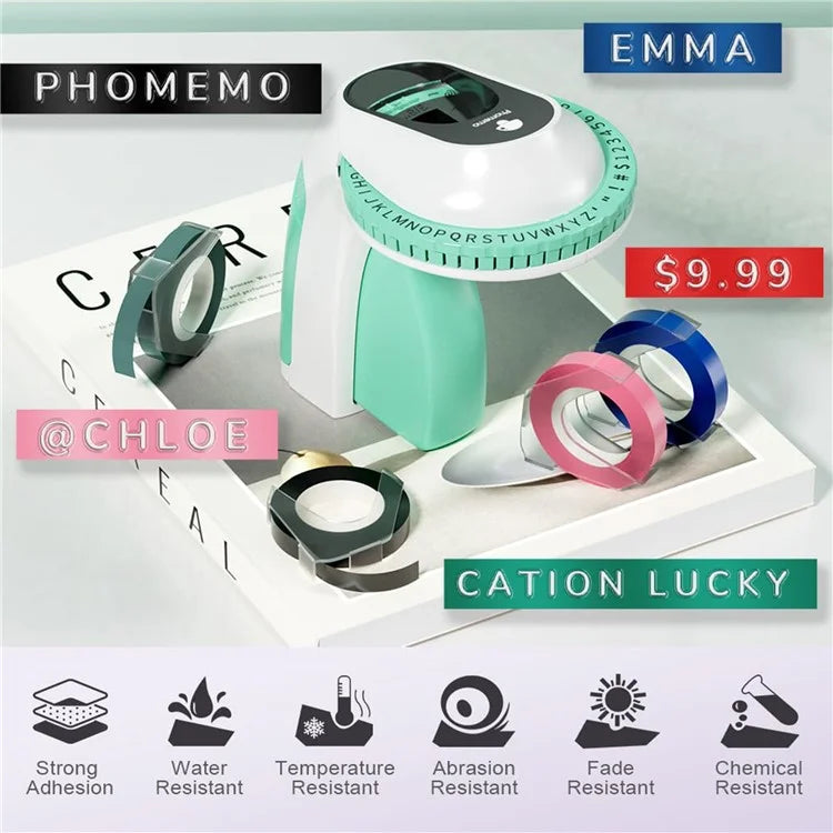 PHOMEMO E975 Embossing Label Maker Handheld Embossed Label Machine with 6 Rolls Of Tapes