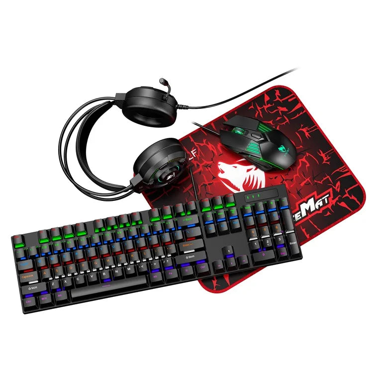 T-WOLF TF700 Backlight USB Wired Gaming Keyboard Mouse Headphone Mouse Pad Set