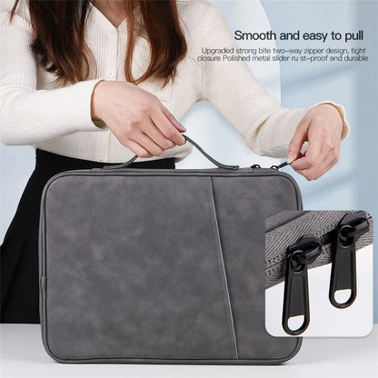 Sheepskin Leather Storage Pouch for 11-inch Laptop 180 Degree Opening Notebook Handbag