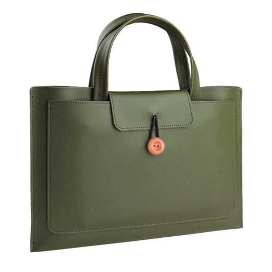 16-inch PU Leather Laptop Handbag Wooden Buckle Anti-scratch Notebook Bagish Green