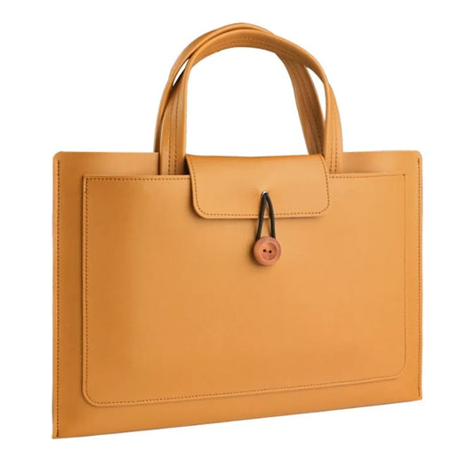 16-inch PU Leather Laptop Handbag Wooden Buckle Anti-scratch Notebook Bag