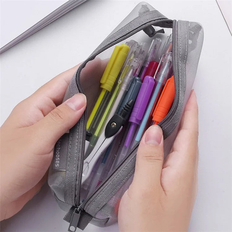 HE CHOOSES D037 Large Square Mesh Pencil Bag Nylon Stationery Storage Bag