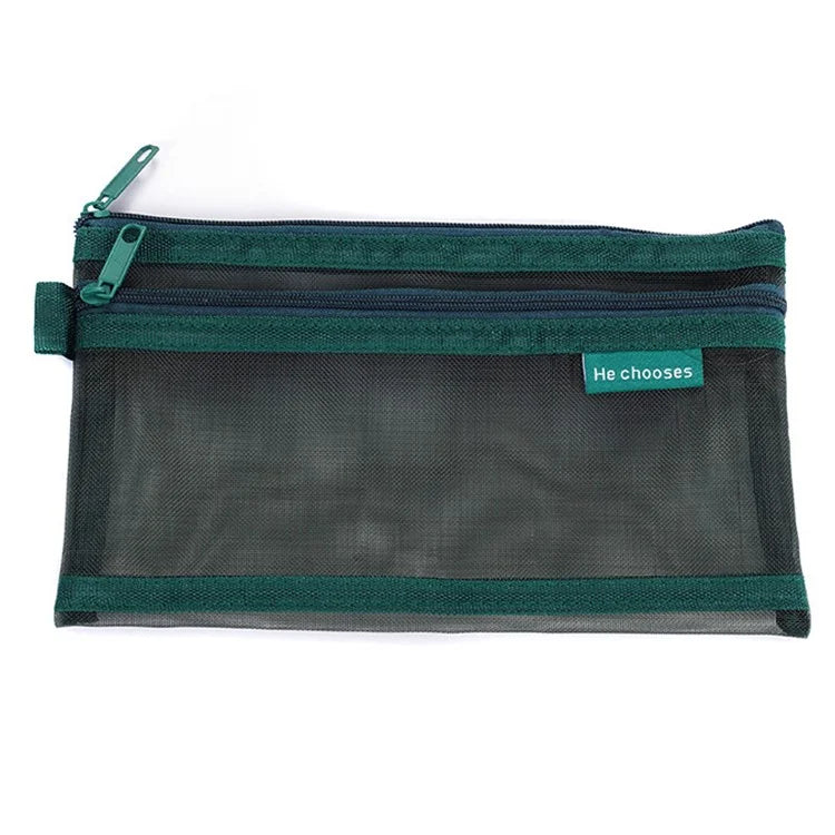 HE CHOOSES D005 Double Layer Nylon Mesh Student Stationery Storage Bag