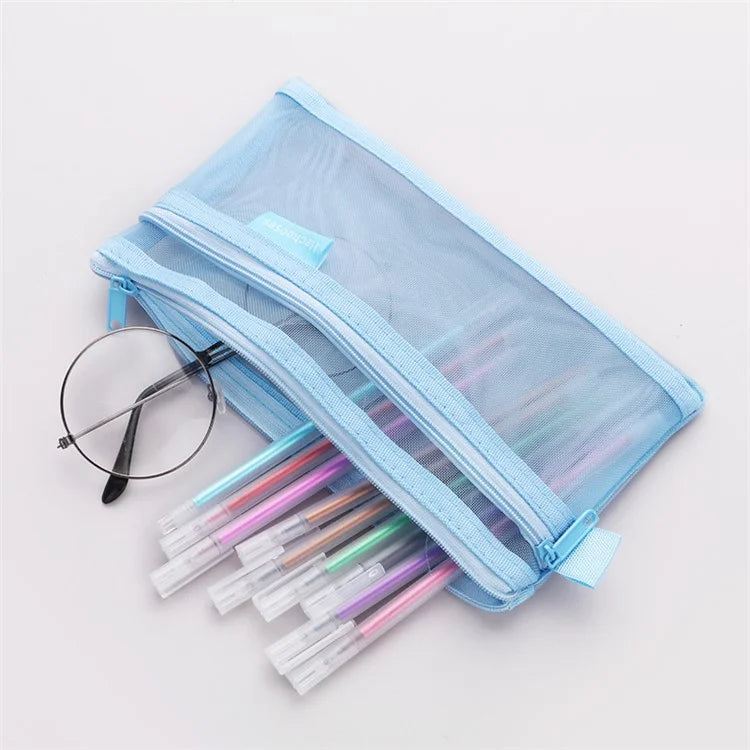 HE CHOOSES D005 Double Layer Nylon Mesh Student Stationery Storage Bag