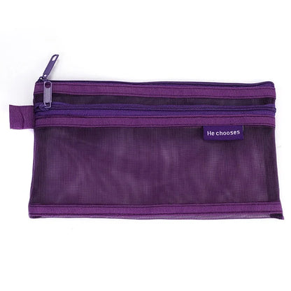 HE CHOOSES D005 Double Layer Nylon Mesh Student Stationery Storage Bag