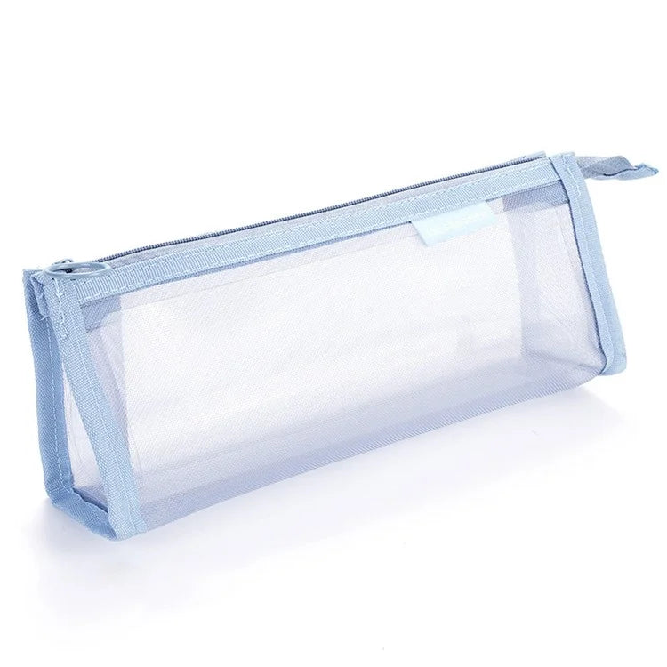 D002 Zipper Pencil Case Clear Mesh Pencil Pouch Stationery Cosmetic Nylon Storage Bag